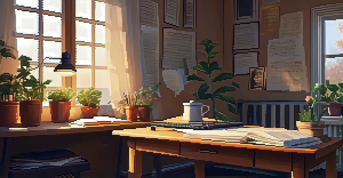 A warm songwriting studio with sunlight, music sheets, a vintage guitar, and a journal filled with lyrics.