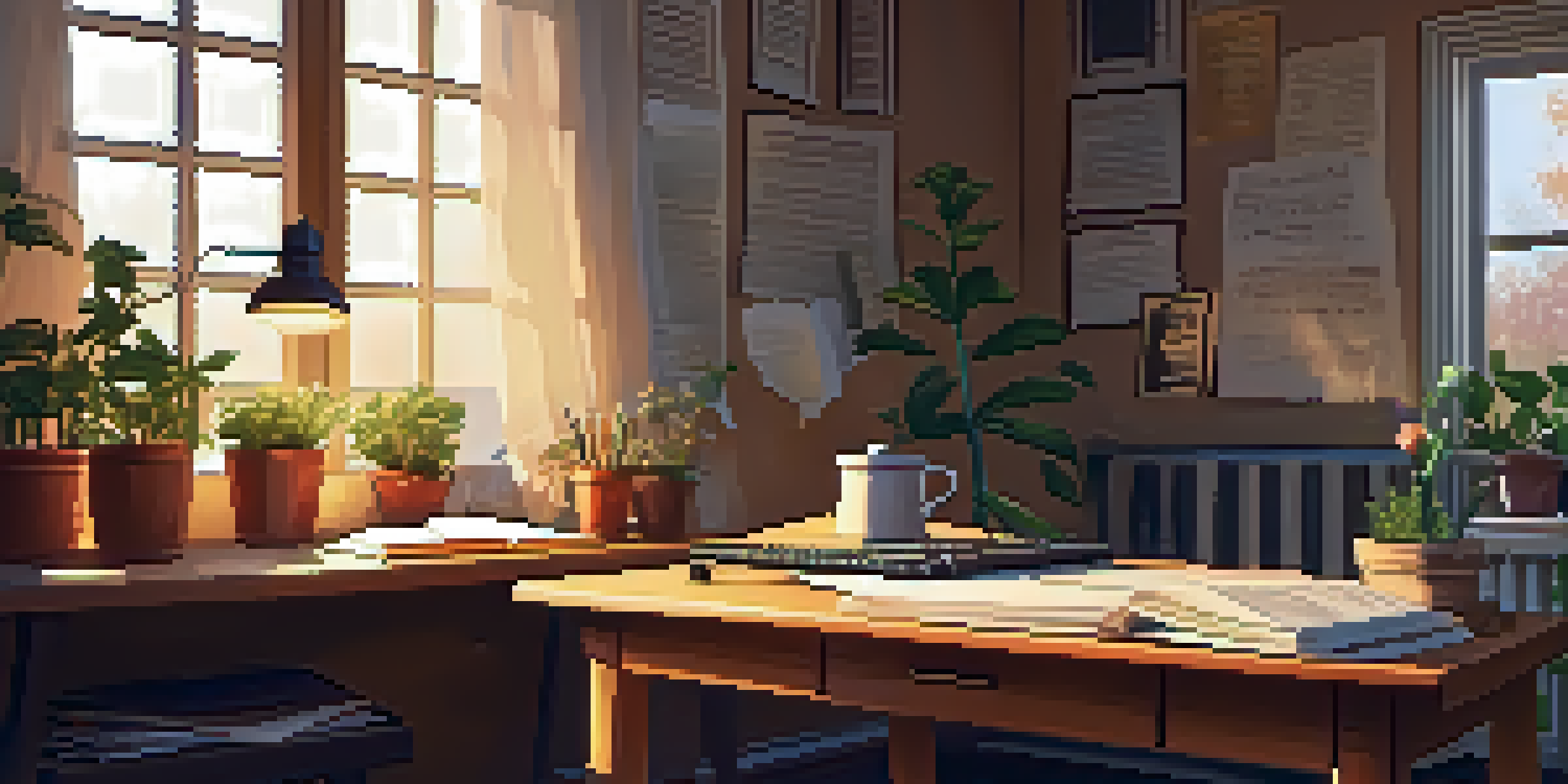 A warm songwriting studio with sunlight, music sheets, a vintage guitar, and a journal filled with lyrics.