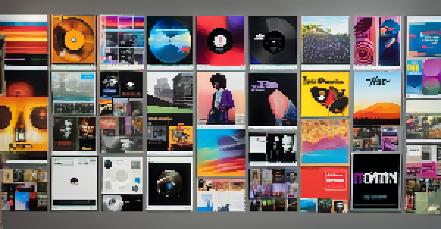 A colorful social media feed filled with music-related posts, including album covers and fan interactions.
