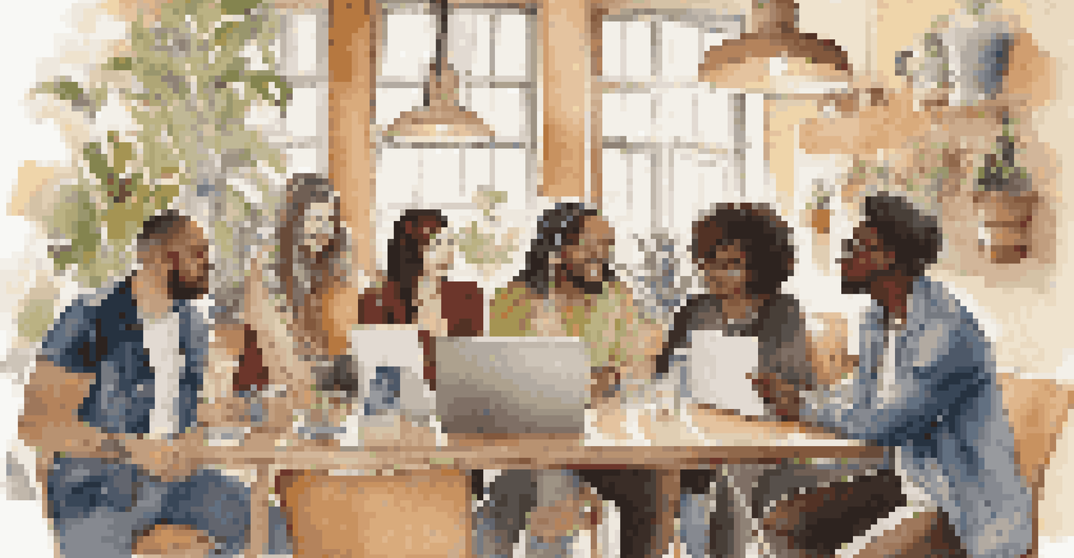 A diverse group of music bloggers discussing at a café, each showcasing different styles and genres.