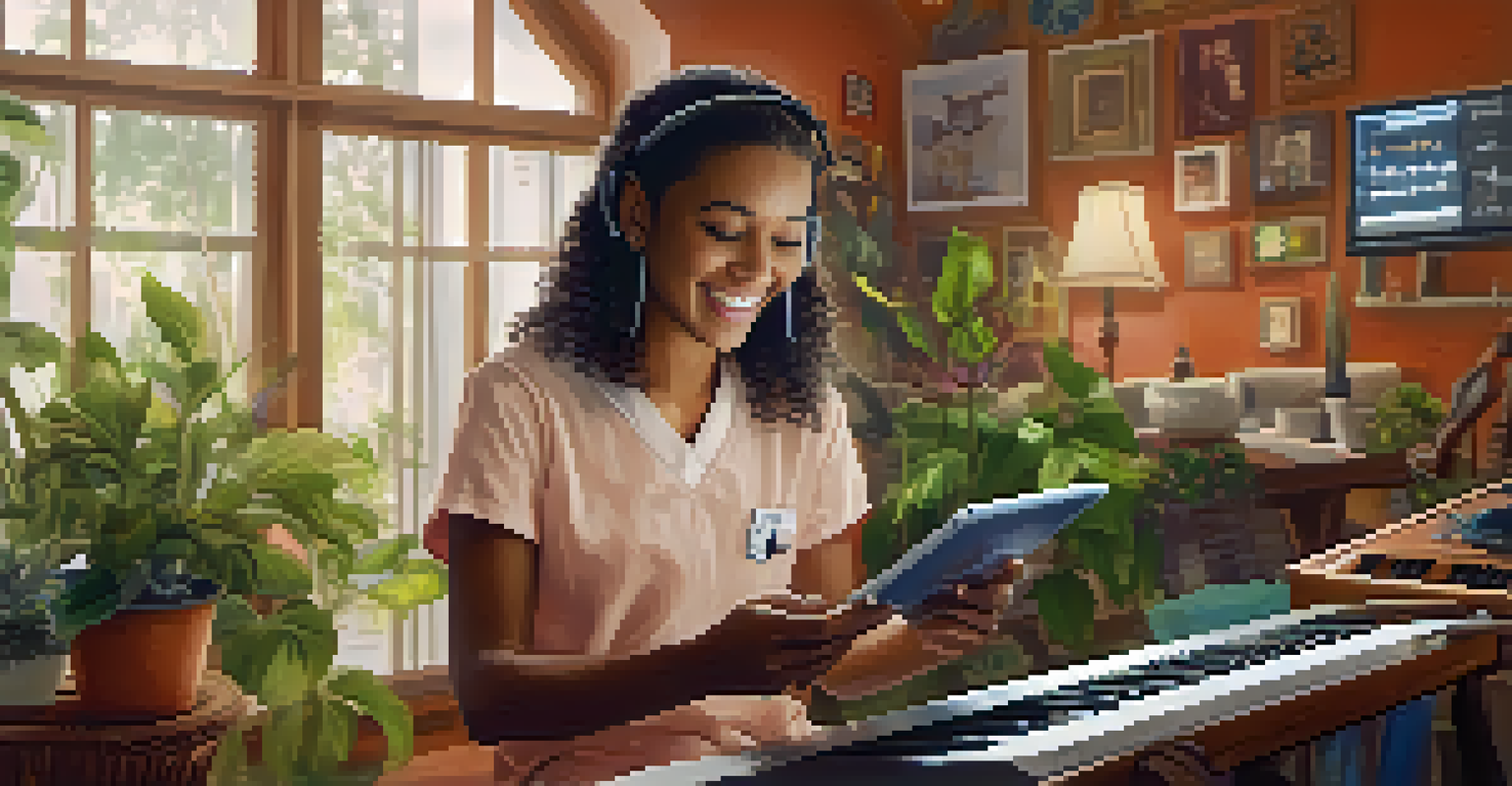 A patient enjoying music creation on a tablet, surrounded by musical instruments in a cozy rehabilitation room.