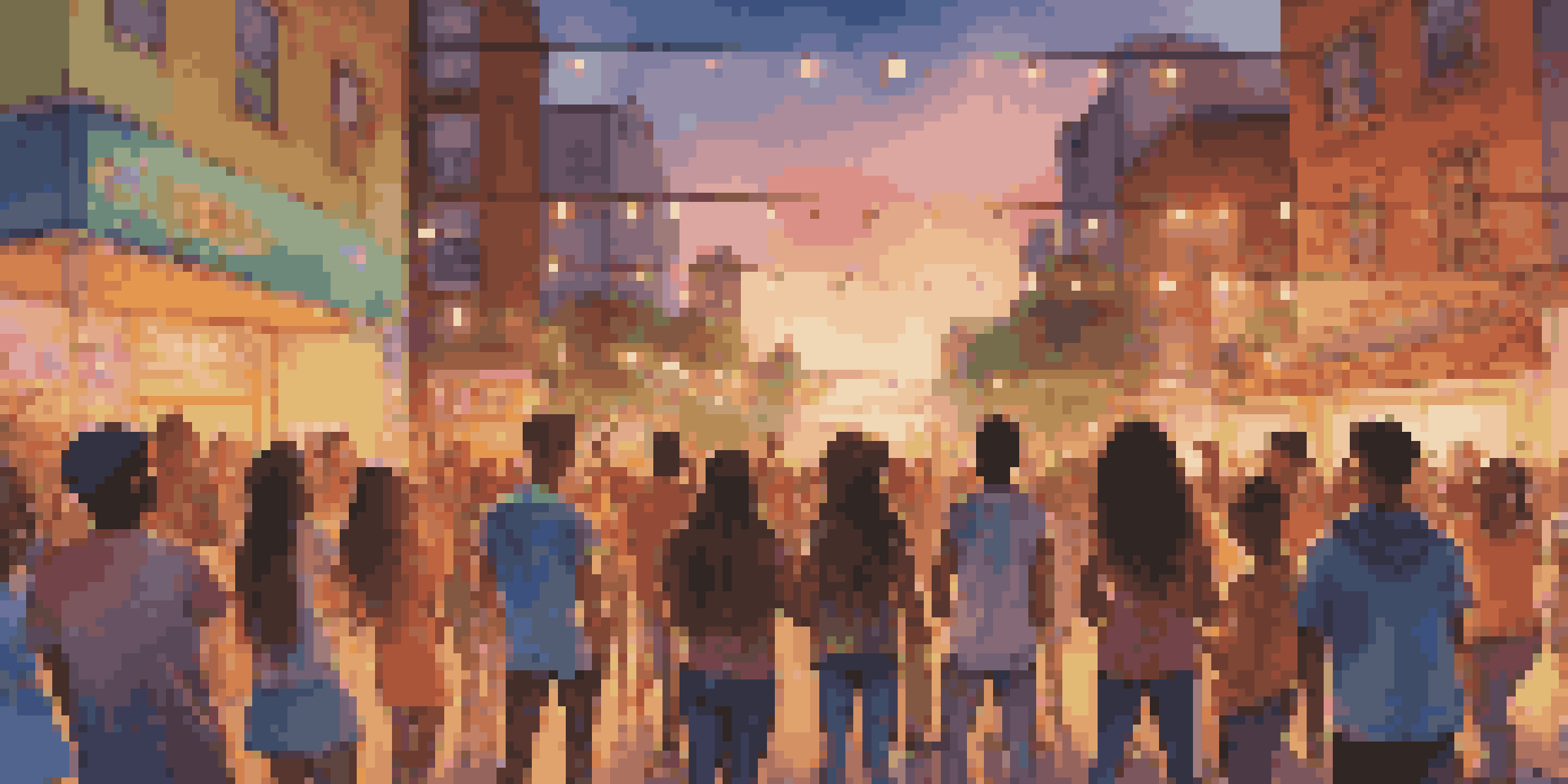 A lively street concert with diverse young people dancing and enjoying music, featuring colorful lights and a city skyline at sunset.