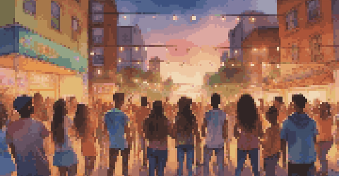 A lively street concert with diverse young people dancing and enjoying music, featuring colorful lights and a city skyline at sunset.