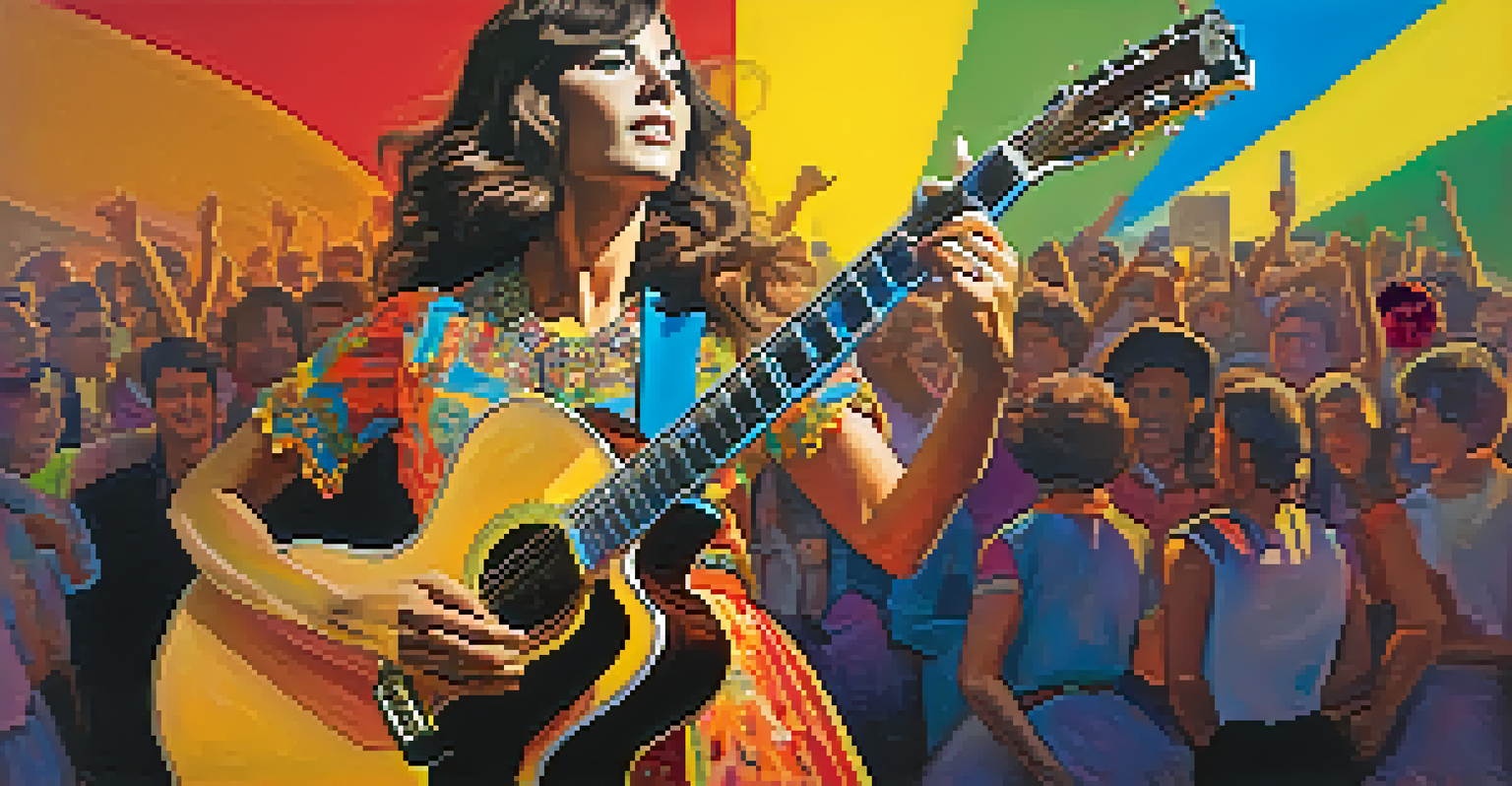 A confident female musician from the 1960s with a guitar on stage, surrounded by cheering fans in a brightly lit concert.