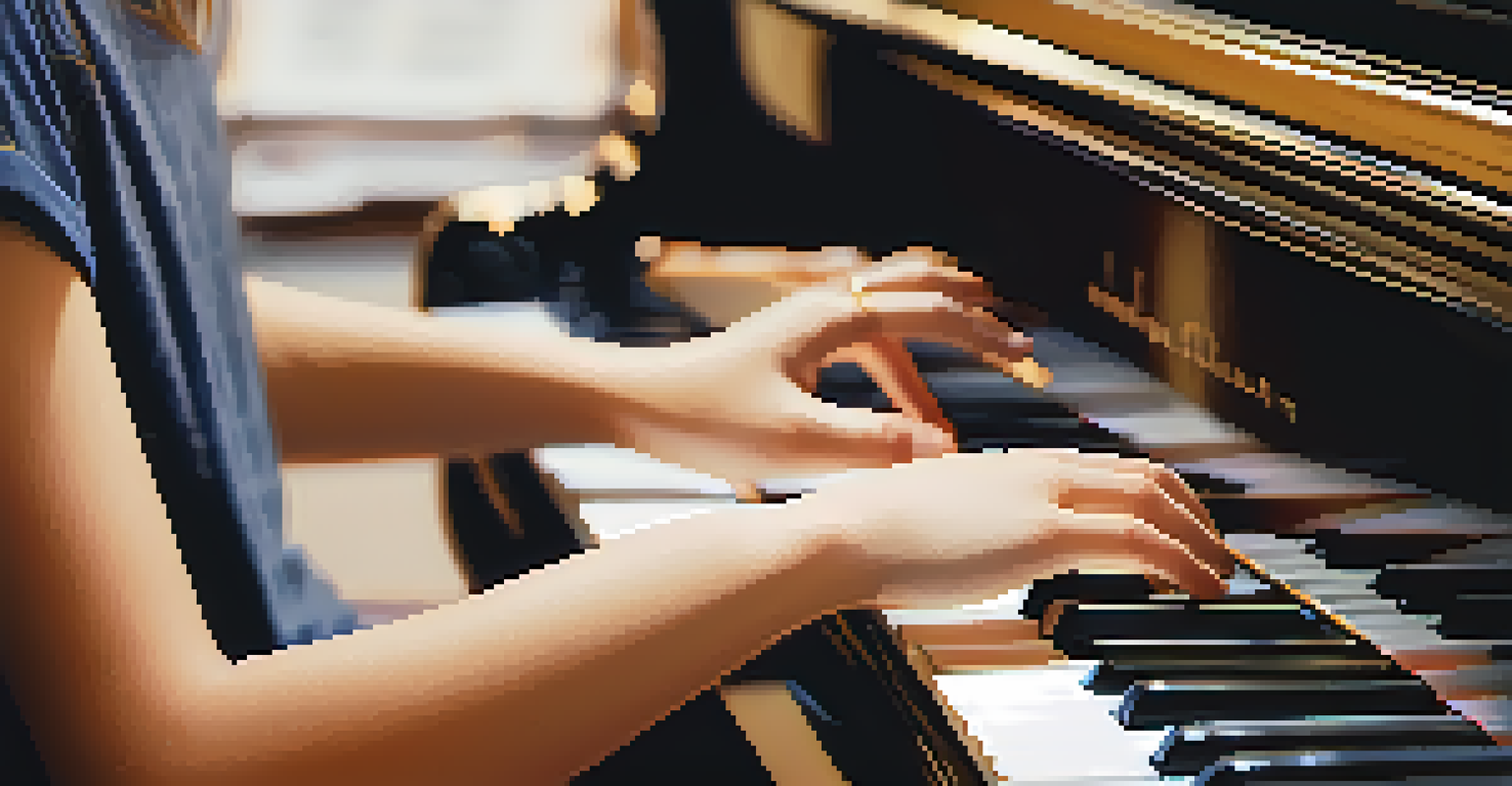 A close-up of a student practicing on a grand piano, with fingers on the keys and musical notes softly blurred in the background.