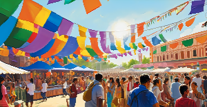 A lively outdoor music festival with a diverse crowd enjoying performances, colorful decorations, and local vendors.