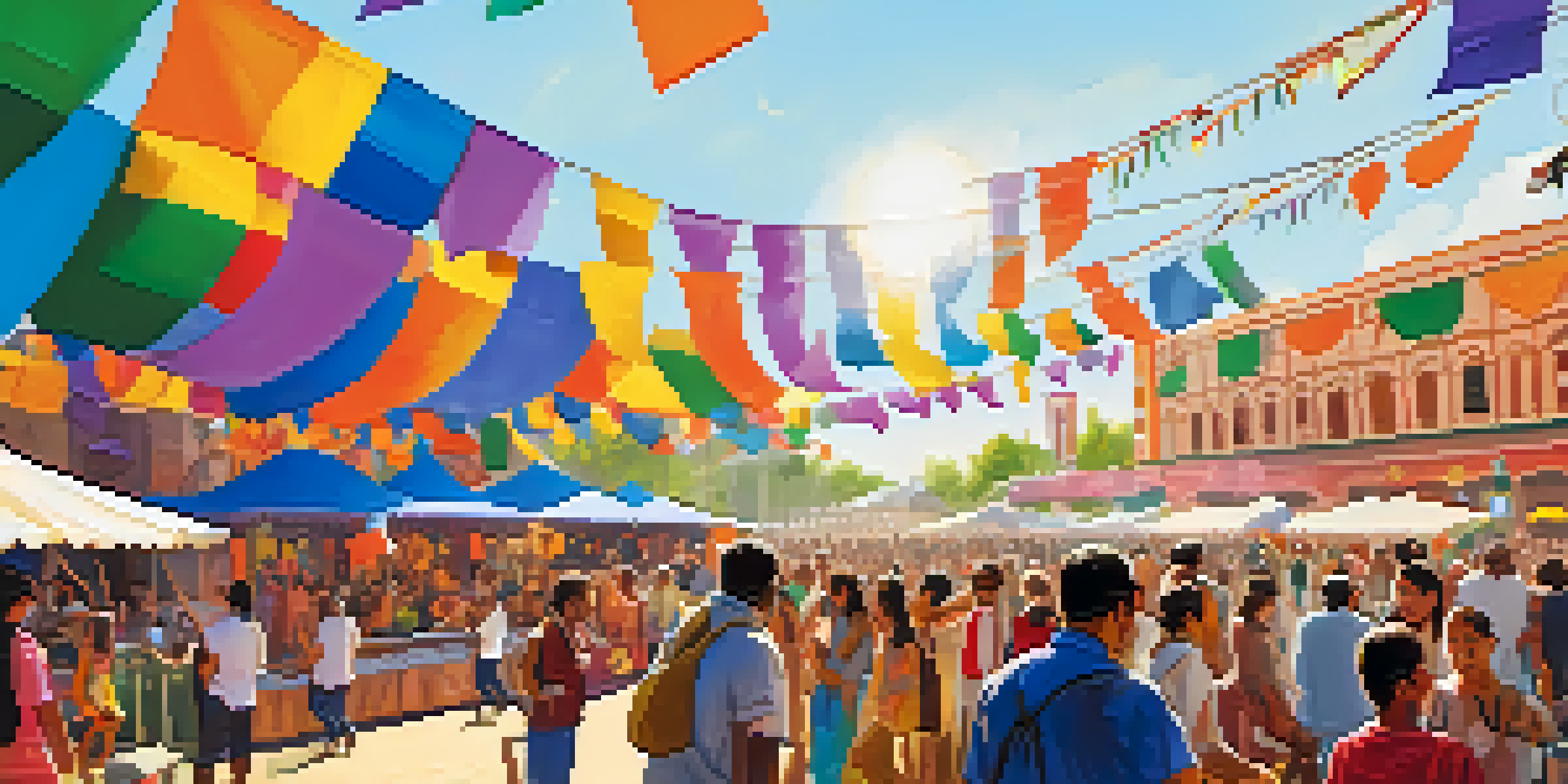 A lively outdoor music festival with a diverse crowd enjoying performances, colorful decorations, and local vendors.
