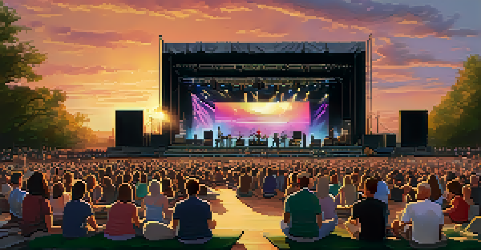 An outdoor concert scene with a large stage and a sunset backdrop, featuring fans enjoying a live performance.