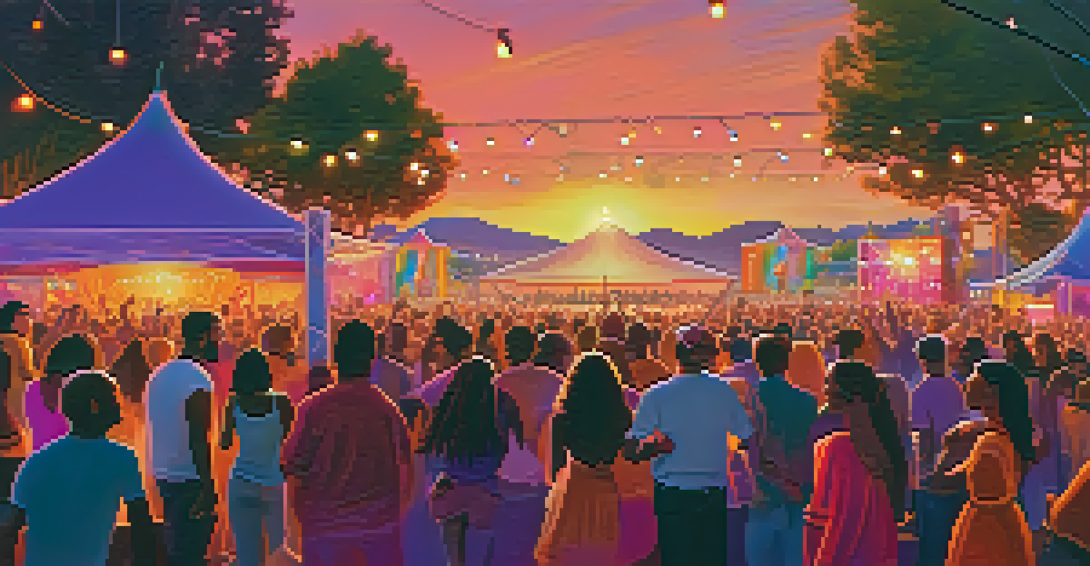 A vibrant outdoor music festival at sunset, with a diverse crowd enjoying live music and colorful stage lights in the background.
