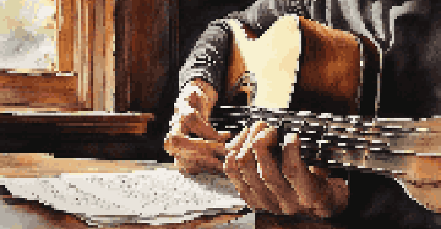 A close-up of hands strumming an acoustic guitar with handwritten lyrics on a wooden table, illuminated by warm light.