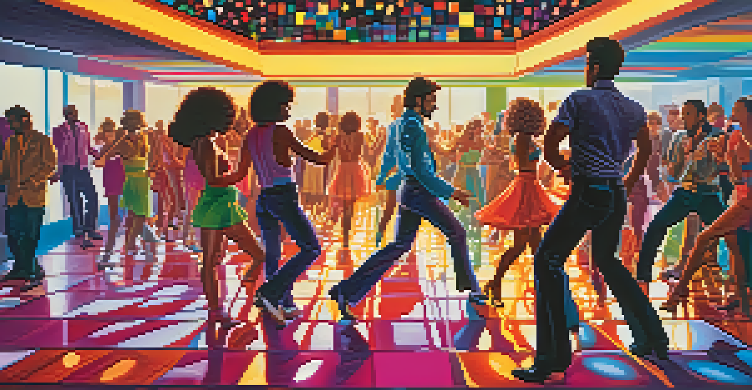 A lively disco dance floor with diverse dancers showcasing moves under colorful lights and a disco ball.