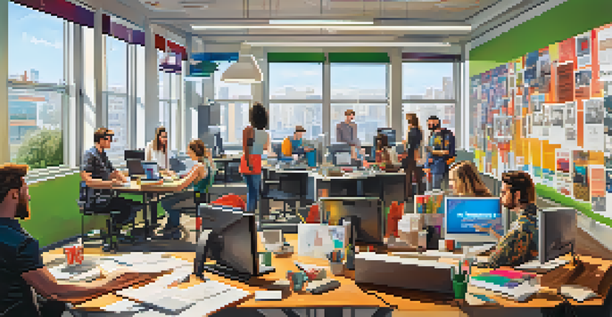A diverse group of advertisers collaborating in a bright office space, surrounded by music-related posters and notes.