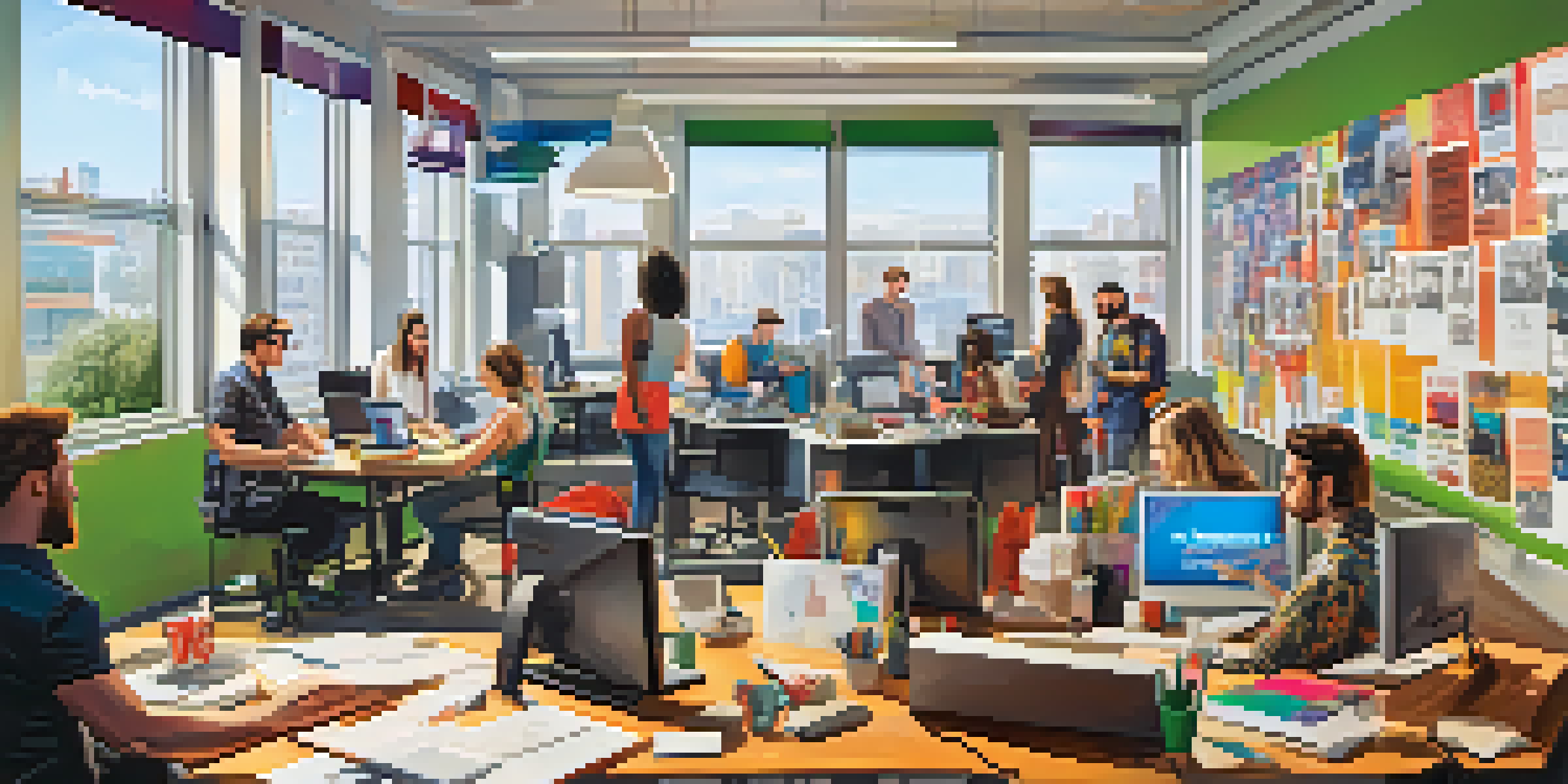 A diverse group of advertisers collaborating in a bright office space, surrounded by music-related posters and notes.