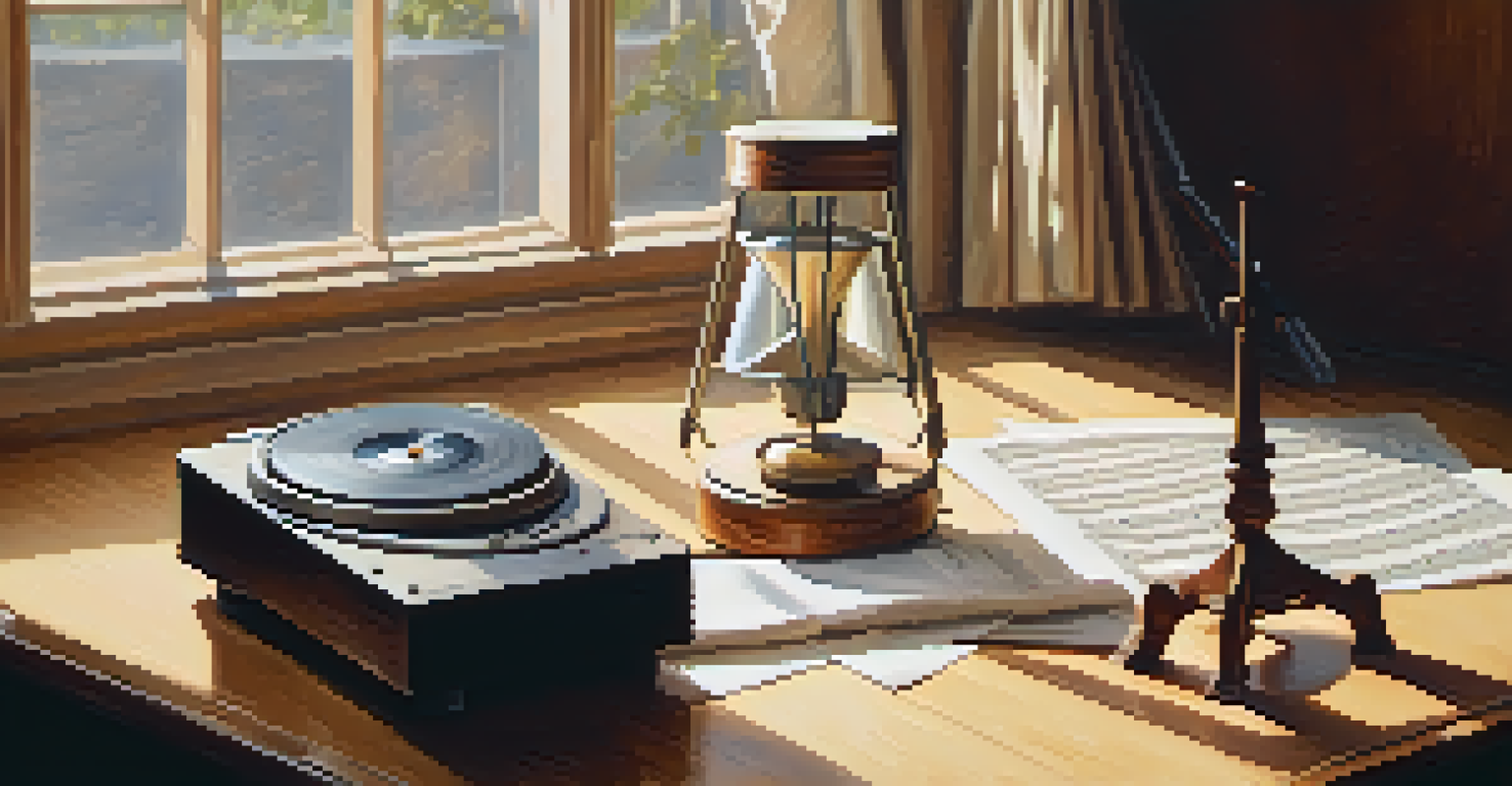 A metronome on a wooden table with sheet music, illuminated by soft sunlight.