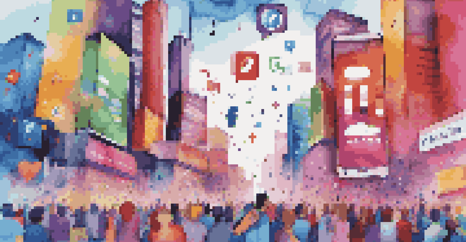 A smartphone displaying a catchy ad video with vibrant graphics, surrounded by social media icons, against a colorful cityscape backdrop.