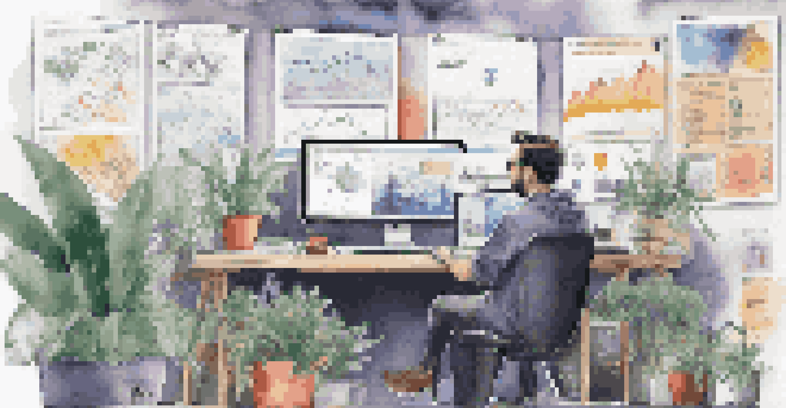 A developer at a desk filled with sketches and sticky notes, working on app features with graphs on the computer screen.