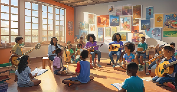 A lively music classroom with children playing instruments and a teacher leading a lesson, illuminated by natural sunlight.