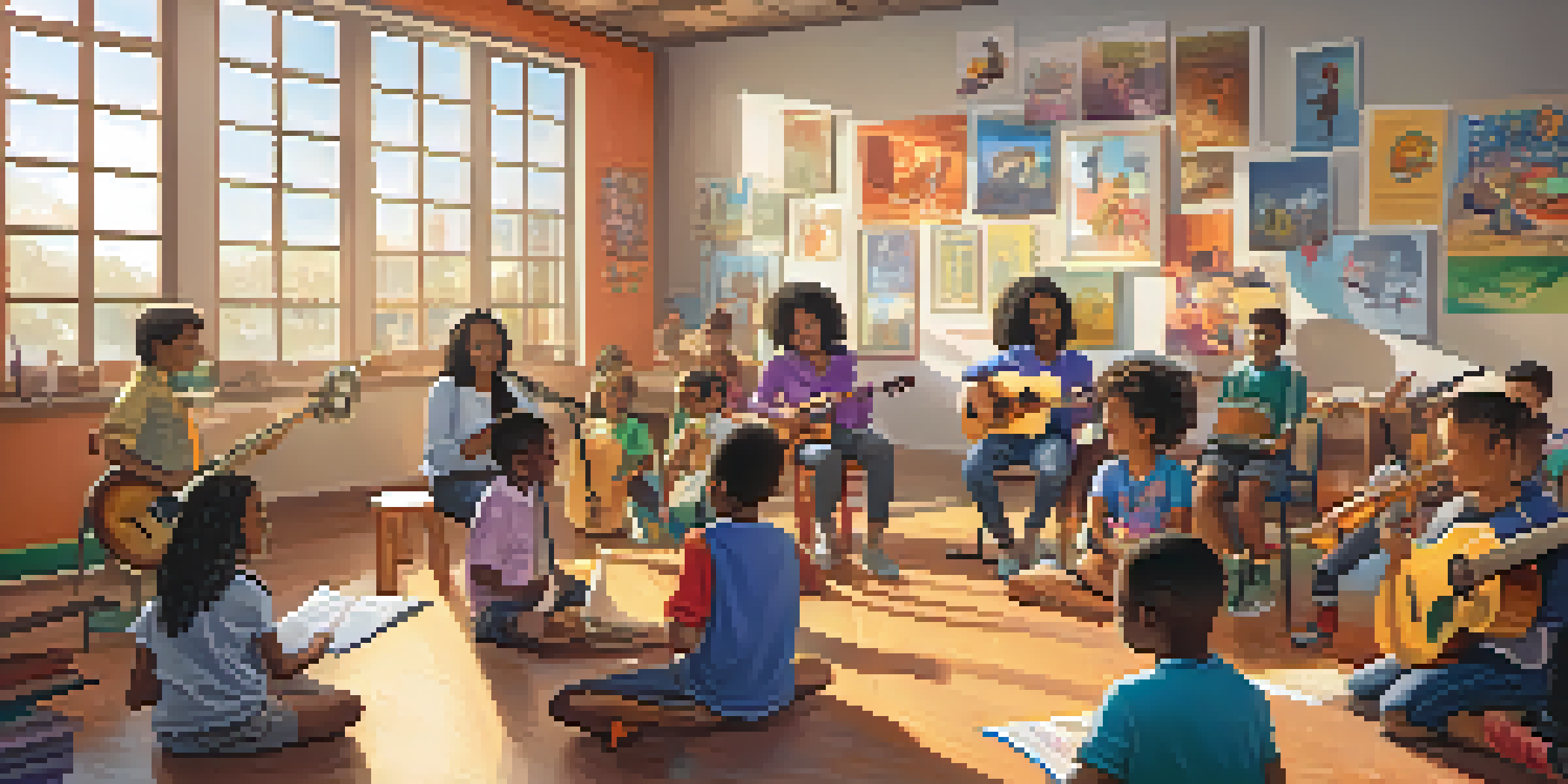 A lively music classroom with children playing instruments and a teacher leading a lesson, illuminated by natural sunlight.