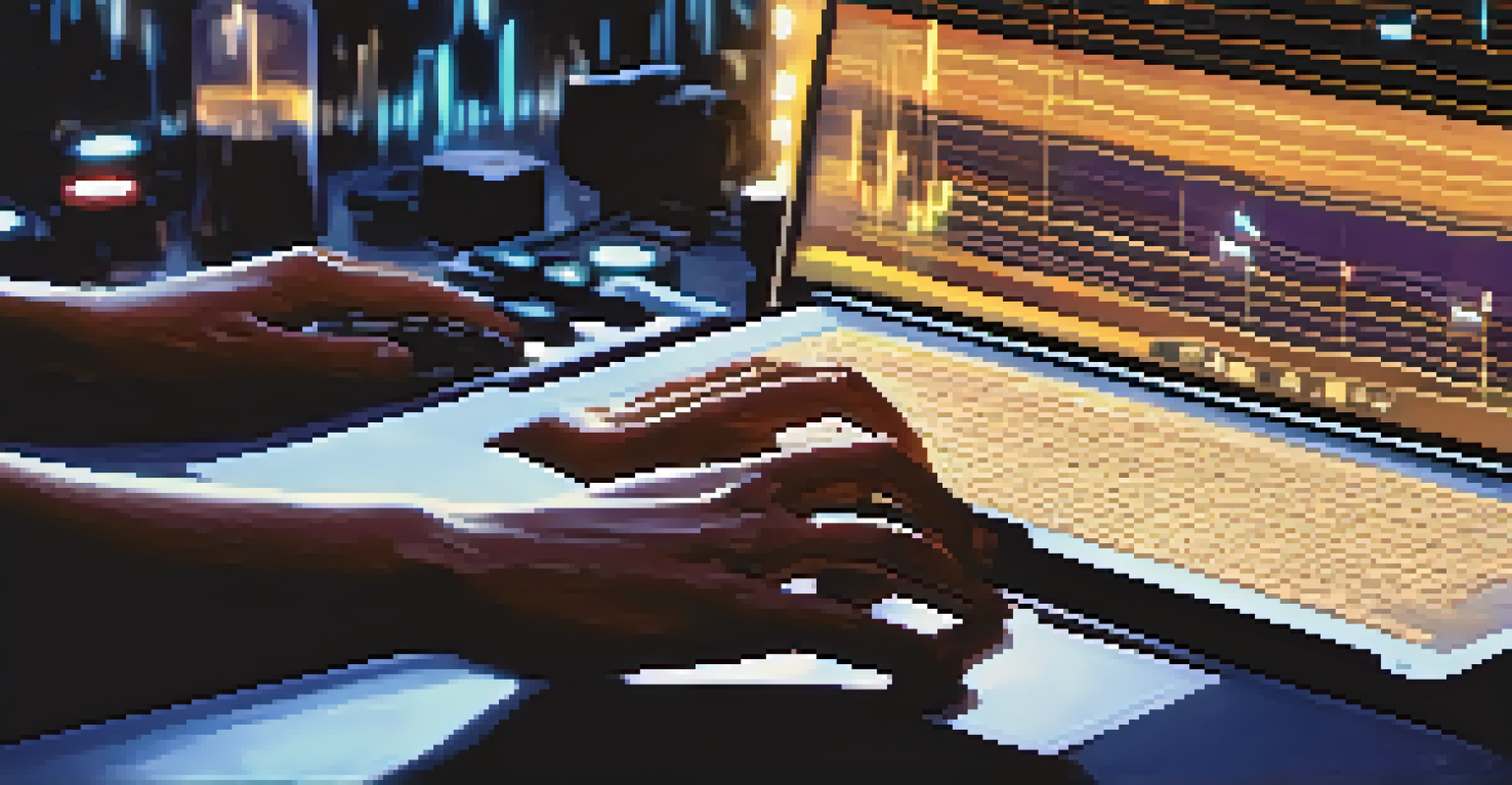 A close-up of hands working on a digital audio workstation on a laptop, with music notes and waveforms on the screen, illuminated by a warm desk lamp.