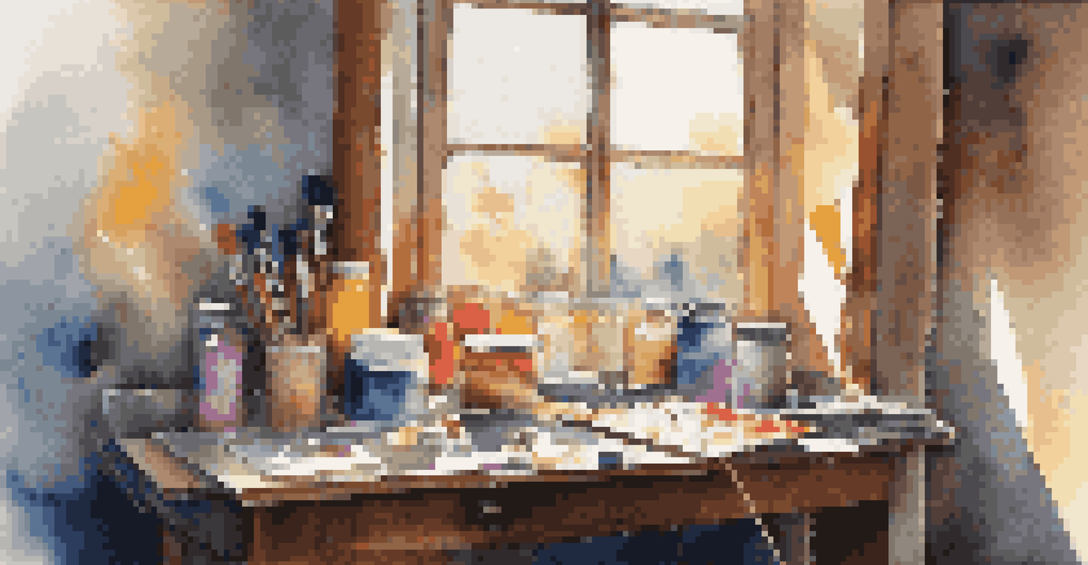 An artist's workspace with colorful paints and brushes next to a canvas showing an abstract painting, illuminated by sunlight from a window.