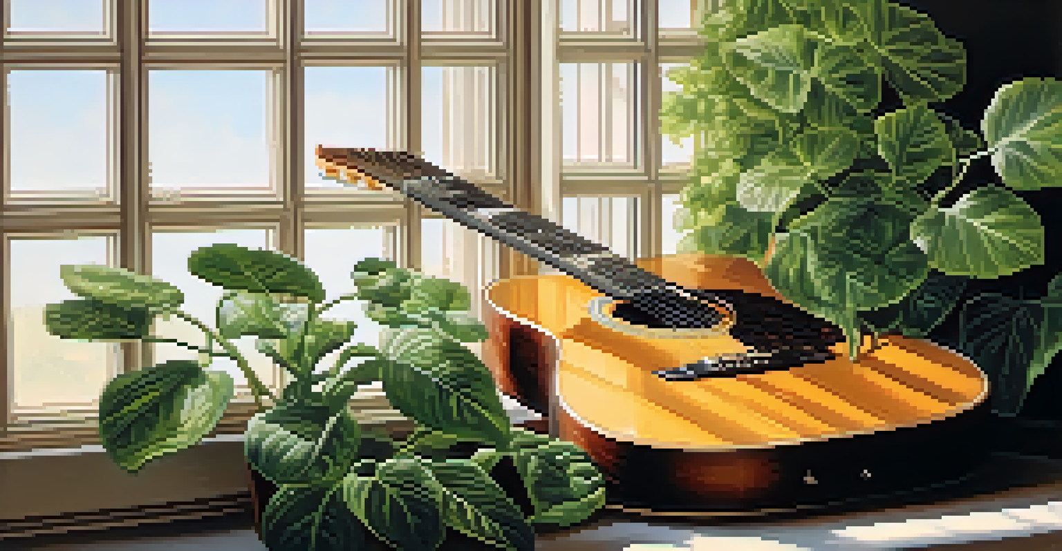 A guitar with a green plant growing from the soundhole, representing the connection between music and nature.