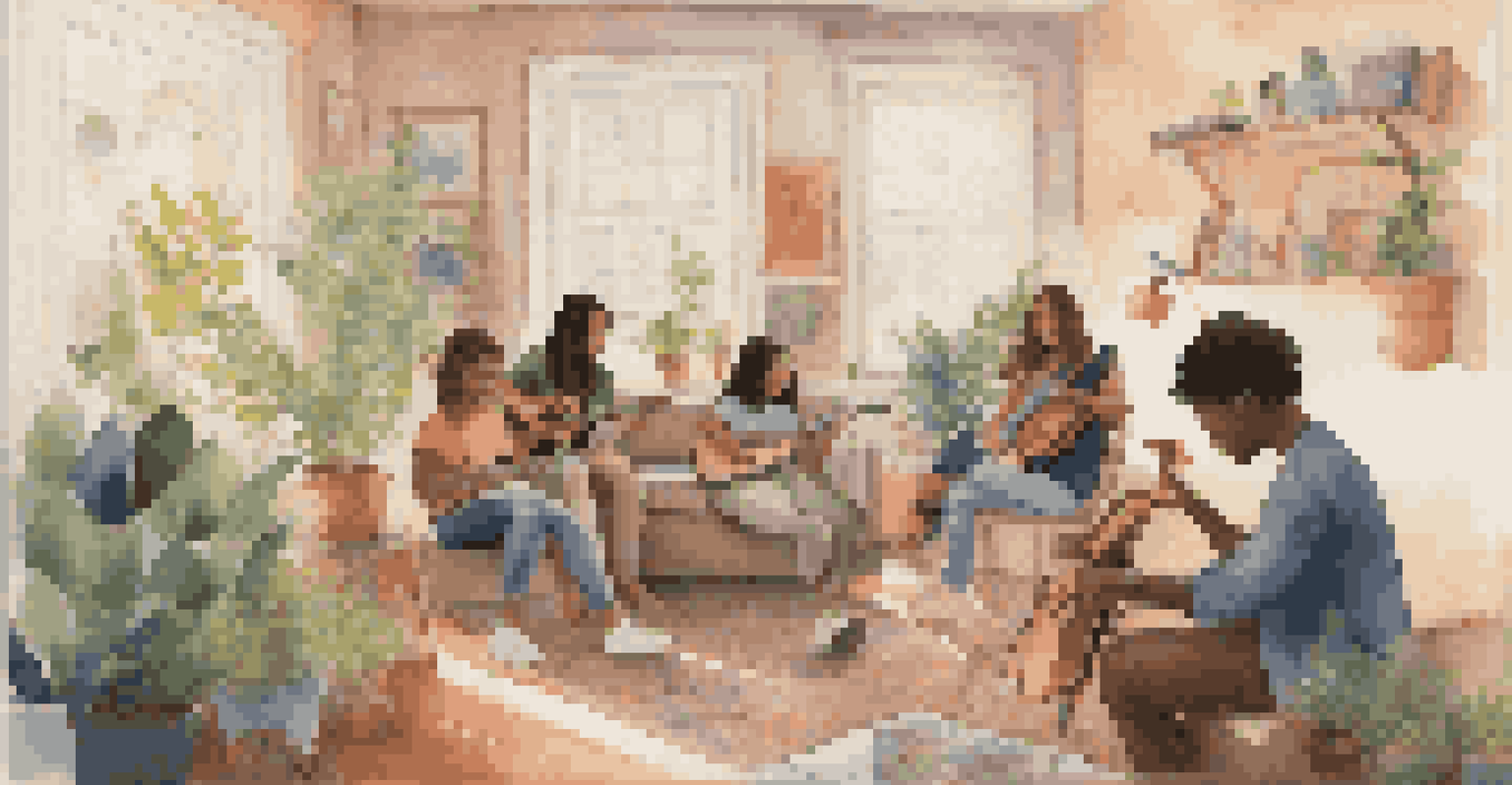 A group of teenagers participating in a music therapy session, engaging in various musical activities in a bright and welcoming room.