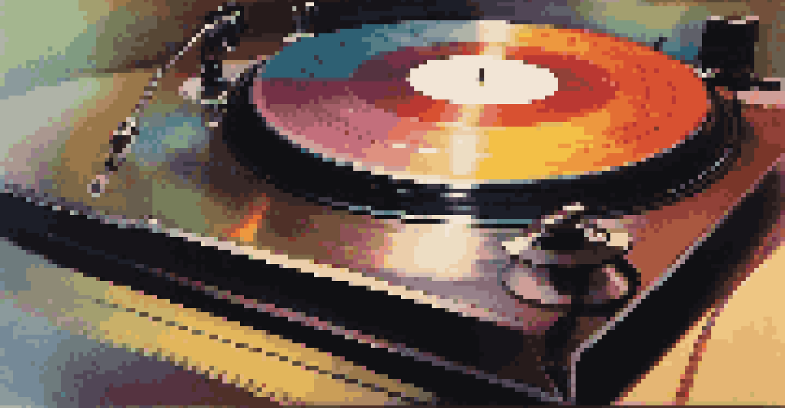 A close-up of a spinning vinyl record on a turntable with colorful album artwork, evoking nostalgia and memories.