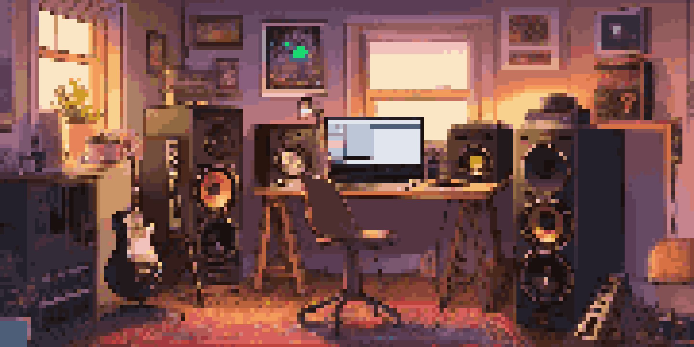 A cozy home music studio with a laptop, microphone, and musical instruments, illuminated by colorful LED lights.