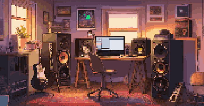 A cozy home music studio with a laptop, microphone, and musical instruments, illuminated by colorful LED lights.