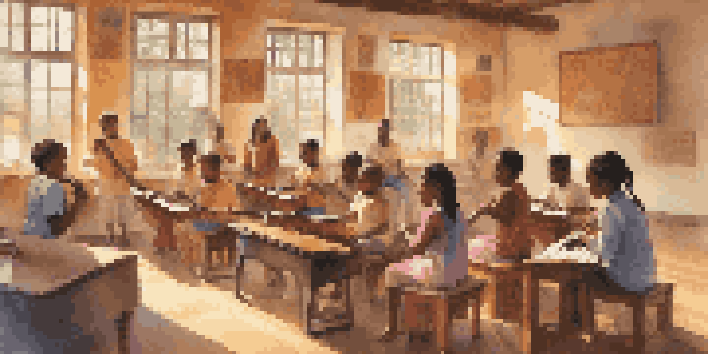 A colorful classroom with diverse students learning music, surrounded by traditional instruments from various cultures and sunlight streaming in.