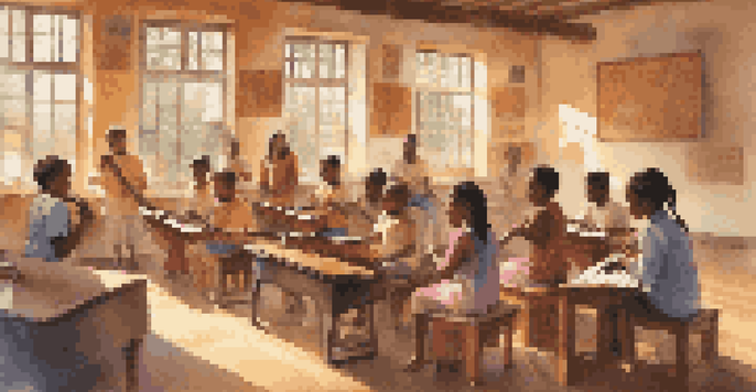 A colorful classroom with diverse students learning music, surrounded by traditional instruments from various cultures and sunlight streaming in.