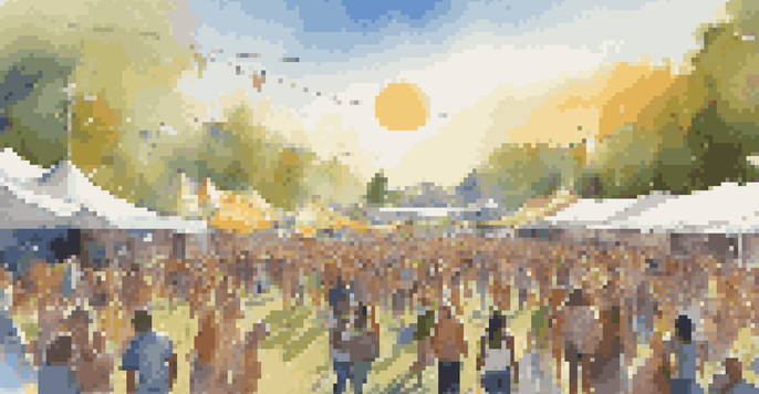 An outdoor music festival with solar panels, colorful tents, and a lively crowd enjoying the performances under sunny weather.