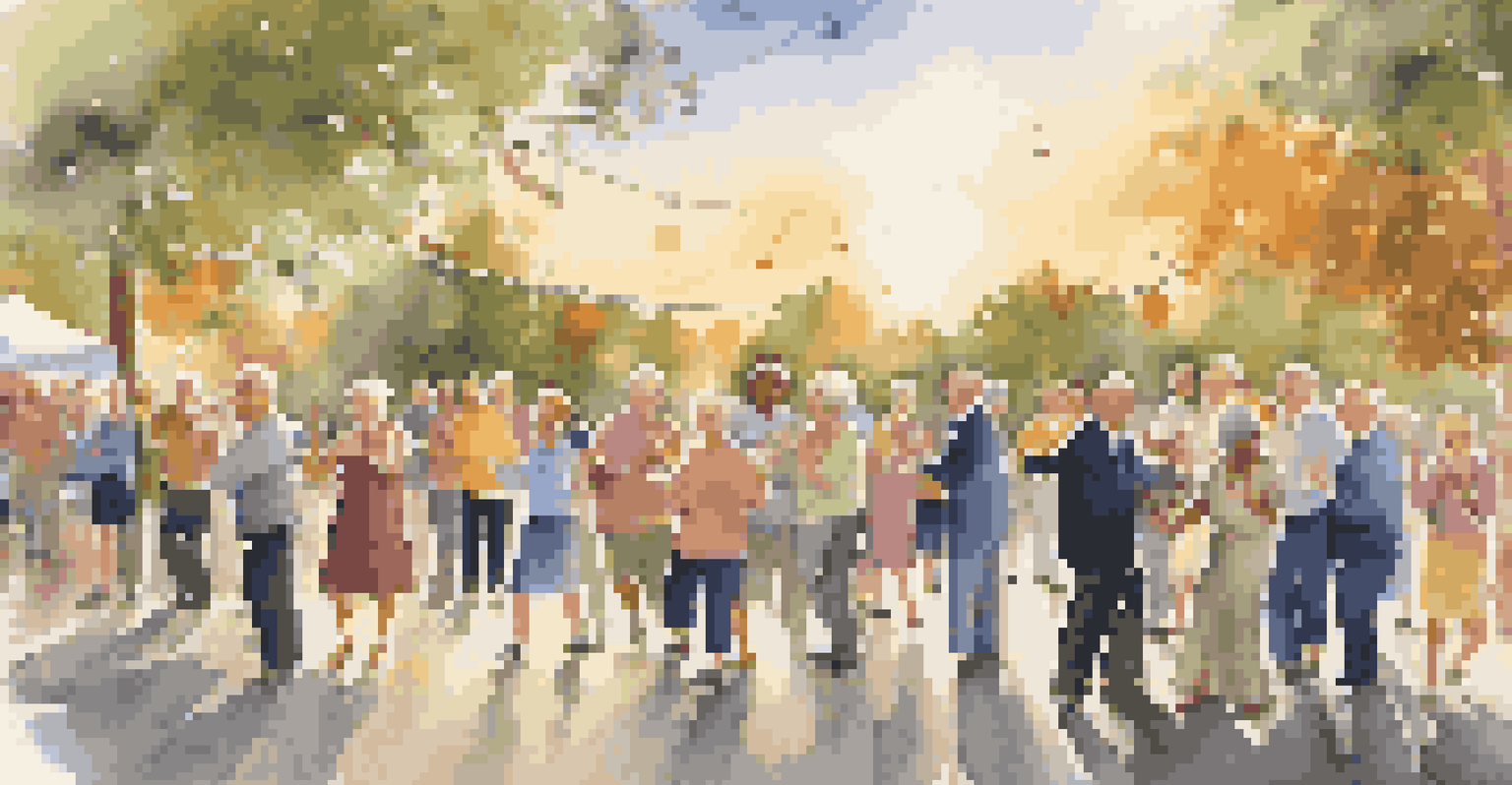 Seniors dancing and enjoying a live jazz band at a community event during sunset.