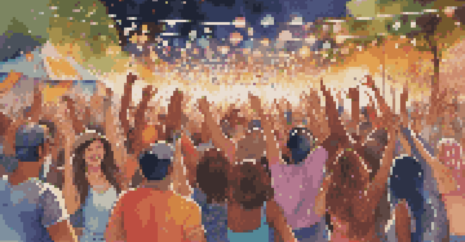 A diverse crowd dancing joyfully at an outdoor music festival, illuminated by colorful lights and confetti.