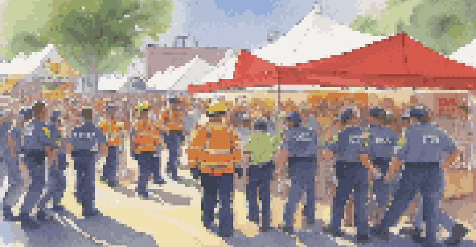 Emergency responders helping an attendee at a music festival, with visible emergency exits and a bright atmosphere.
