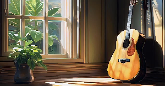 A close-up view of an acoustic guitar leaning against a wooden chair in a bright, sunlit room with plants in the background.