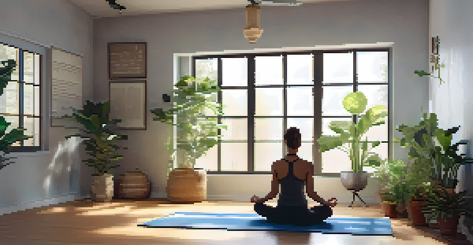 A person practicing deep breathing exercises in a tranquil indoor setting, surrounded by plants and soft light.
