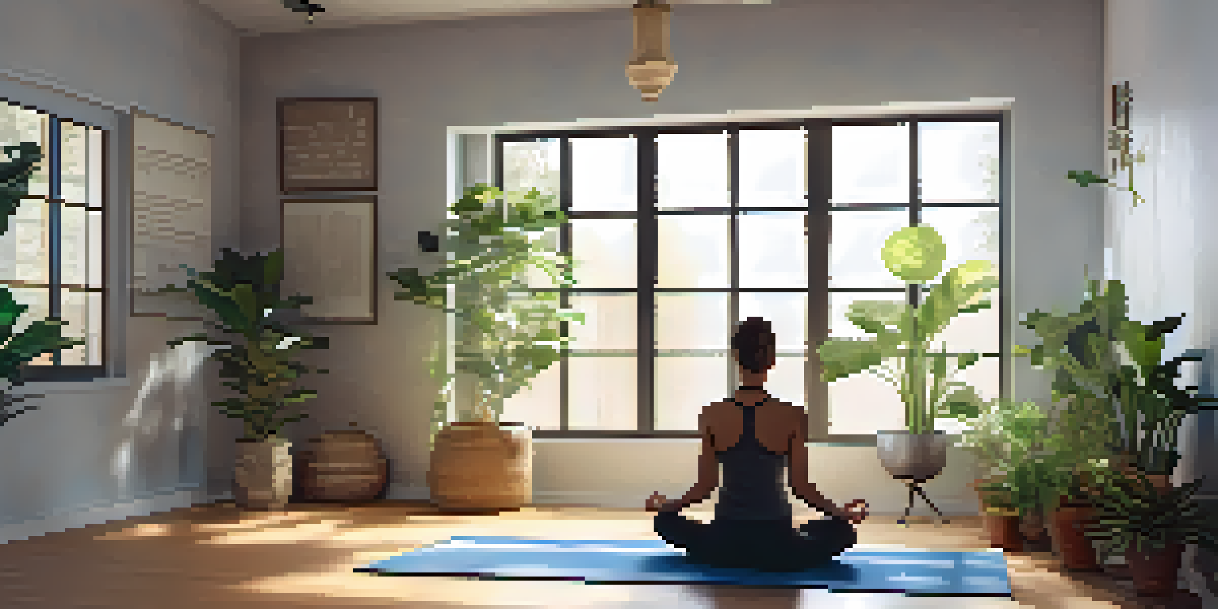 A person practicing deep breathing exercises in a tranquil indoor setting, surrounded by plants and soft light.