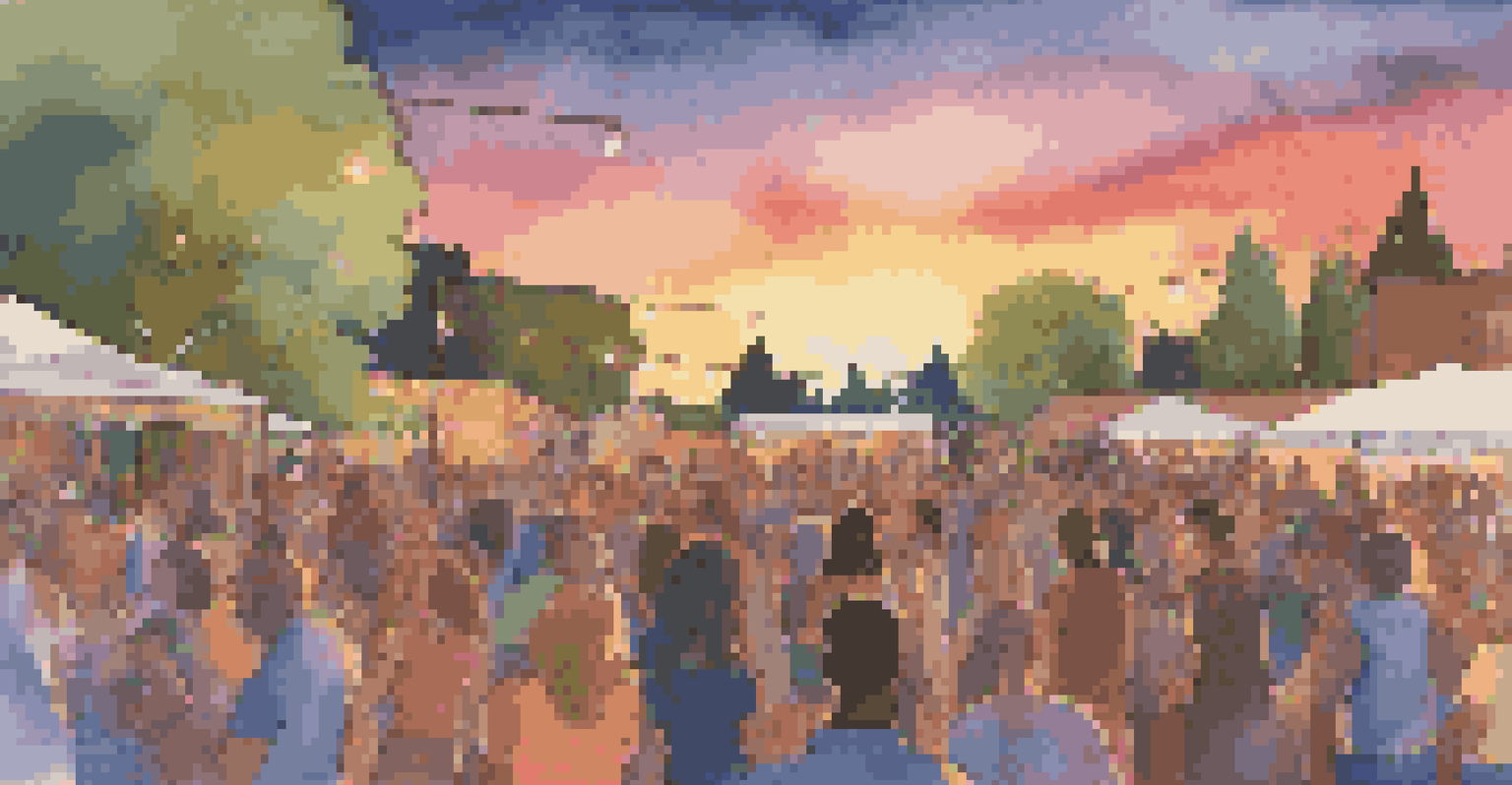 A lively outdoor concert at sunset with people dancing and enjoying live music.