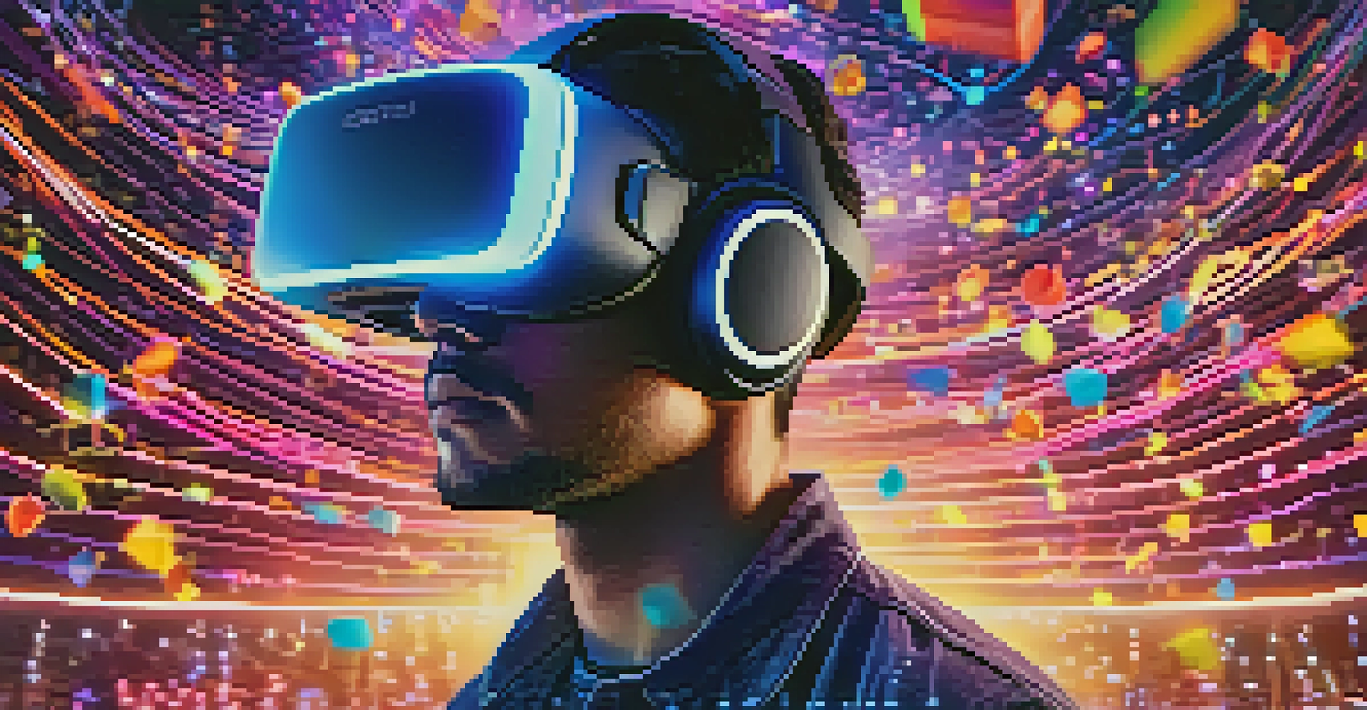 A user wearing a VR headset in a colorful 3D audio environment filled with sound waves and musical notes.
