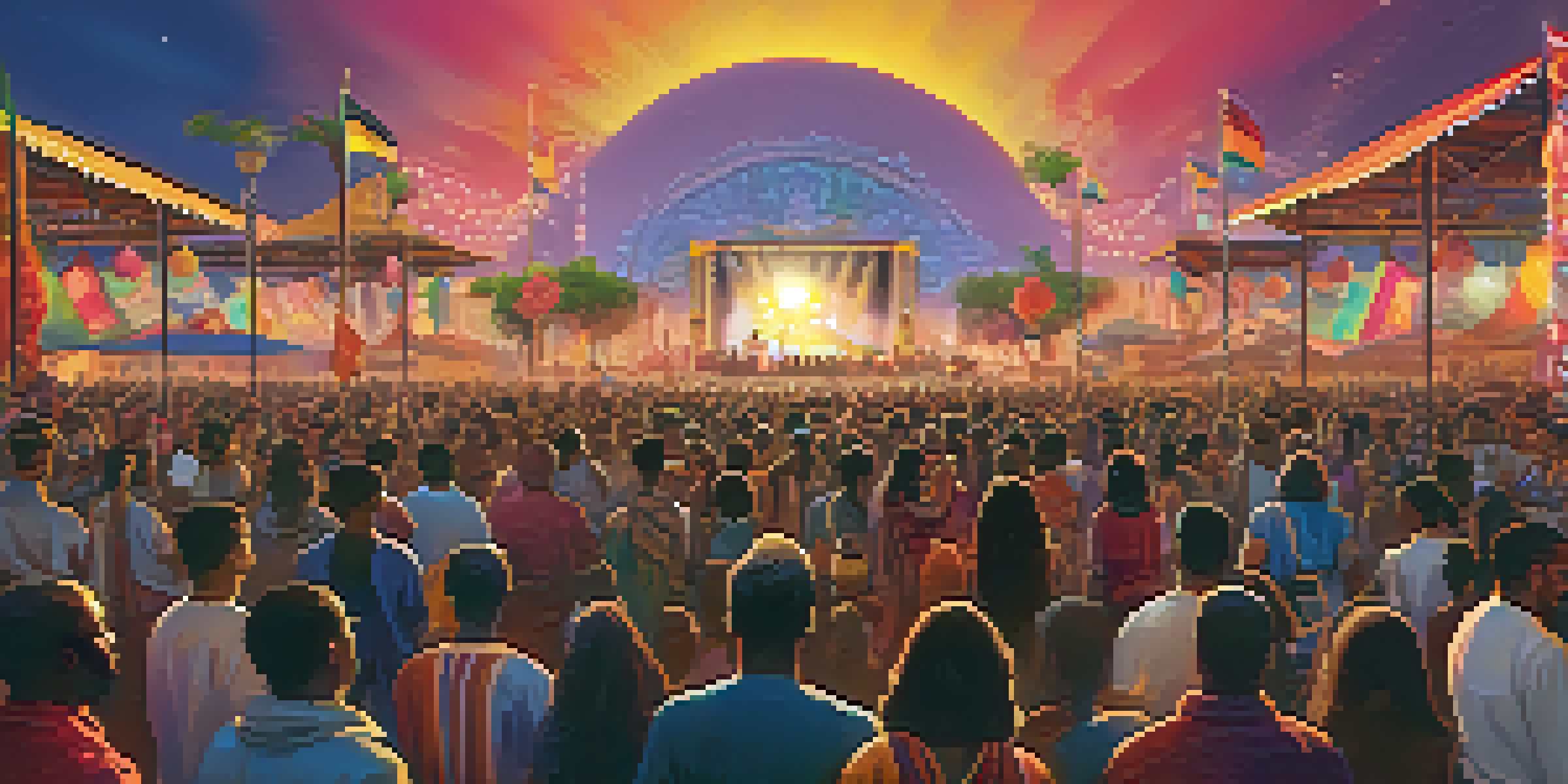 A lively music festival with diverse artists performing together on stage, surrounded by an enthusiastic audience and colorful lighting.