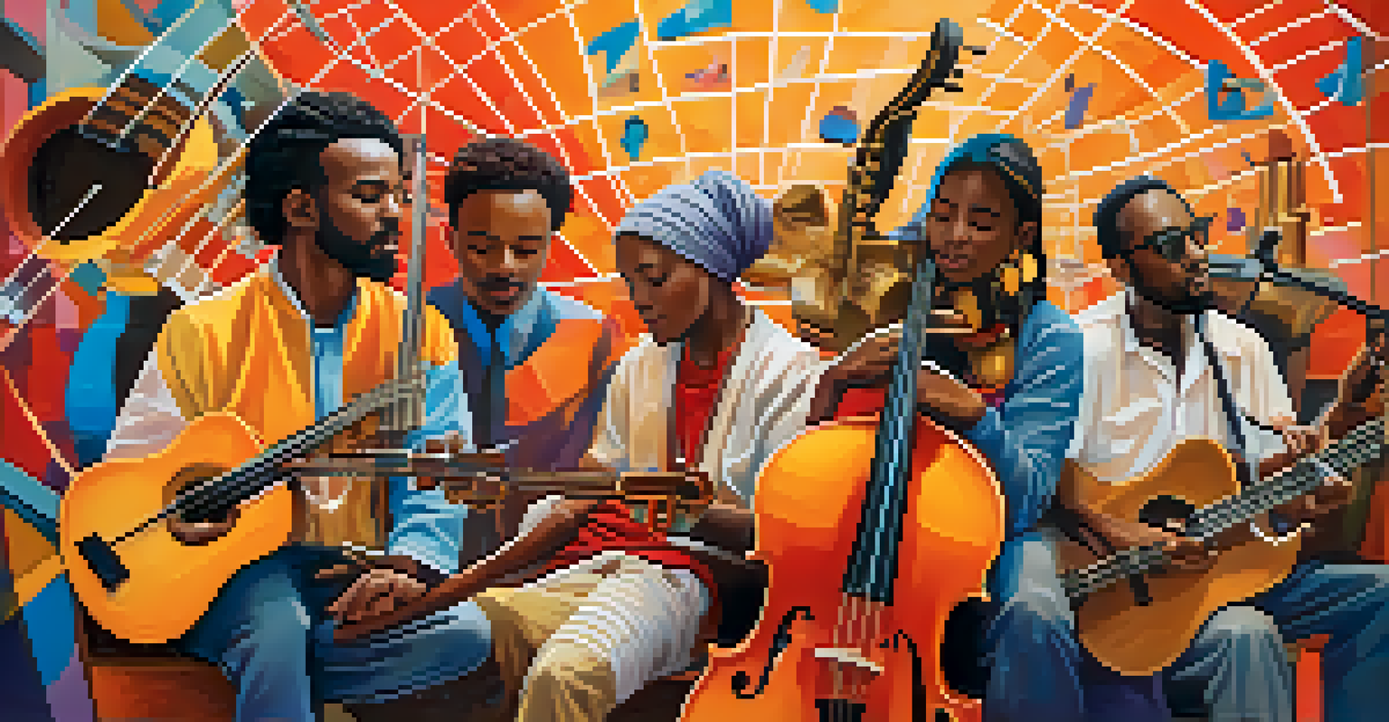 A creative illustration of musicians from around the world connected by musical notes, with iconic landmarks in the background, symbolizing unity.