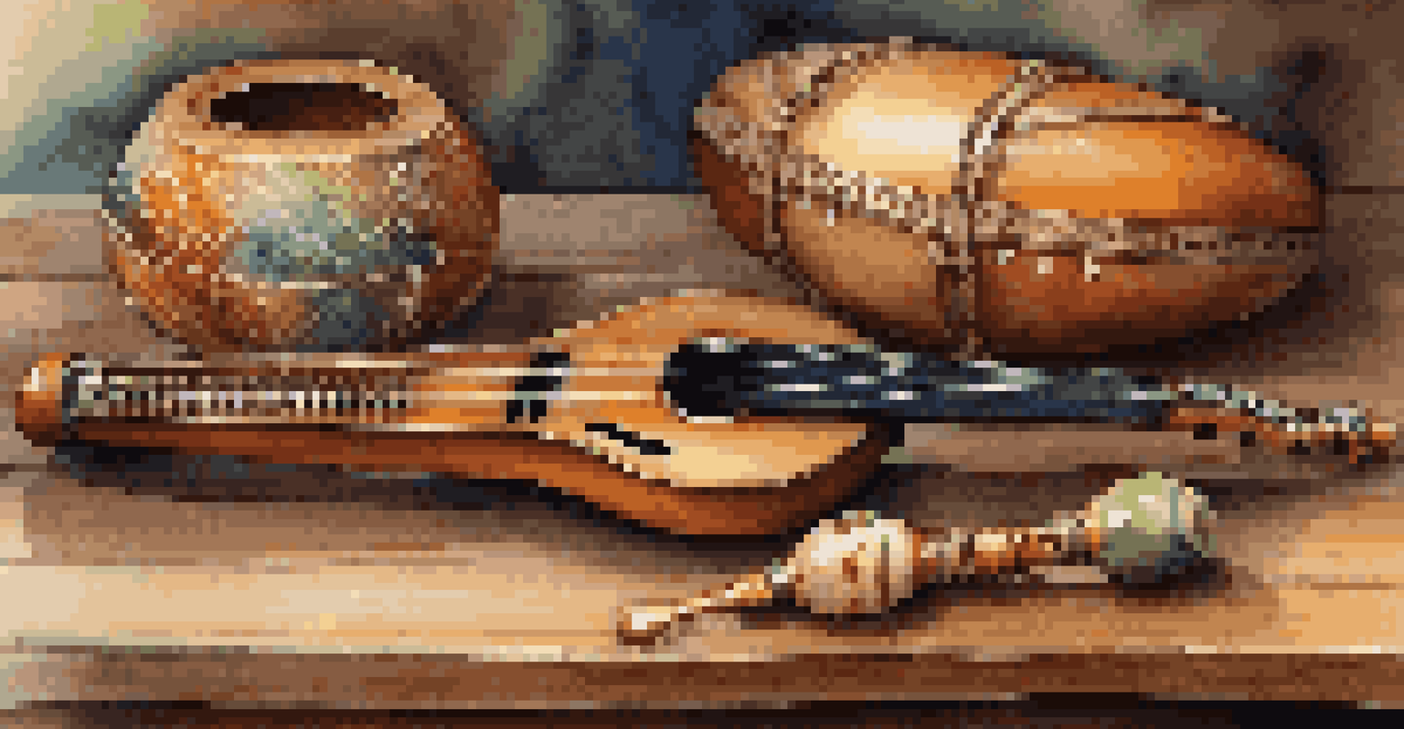 A close-up view of traditional musical instruments on a rustic wooden table, highlighting their textures and colors with warm ambient lighting.