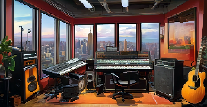 A colorful music studio where an artist collaborates with a producer, surrounded by instruments and equipment.