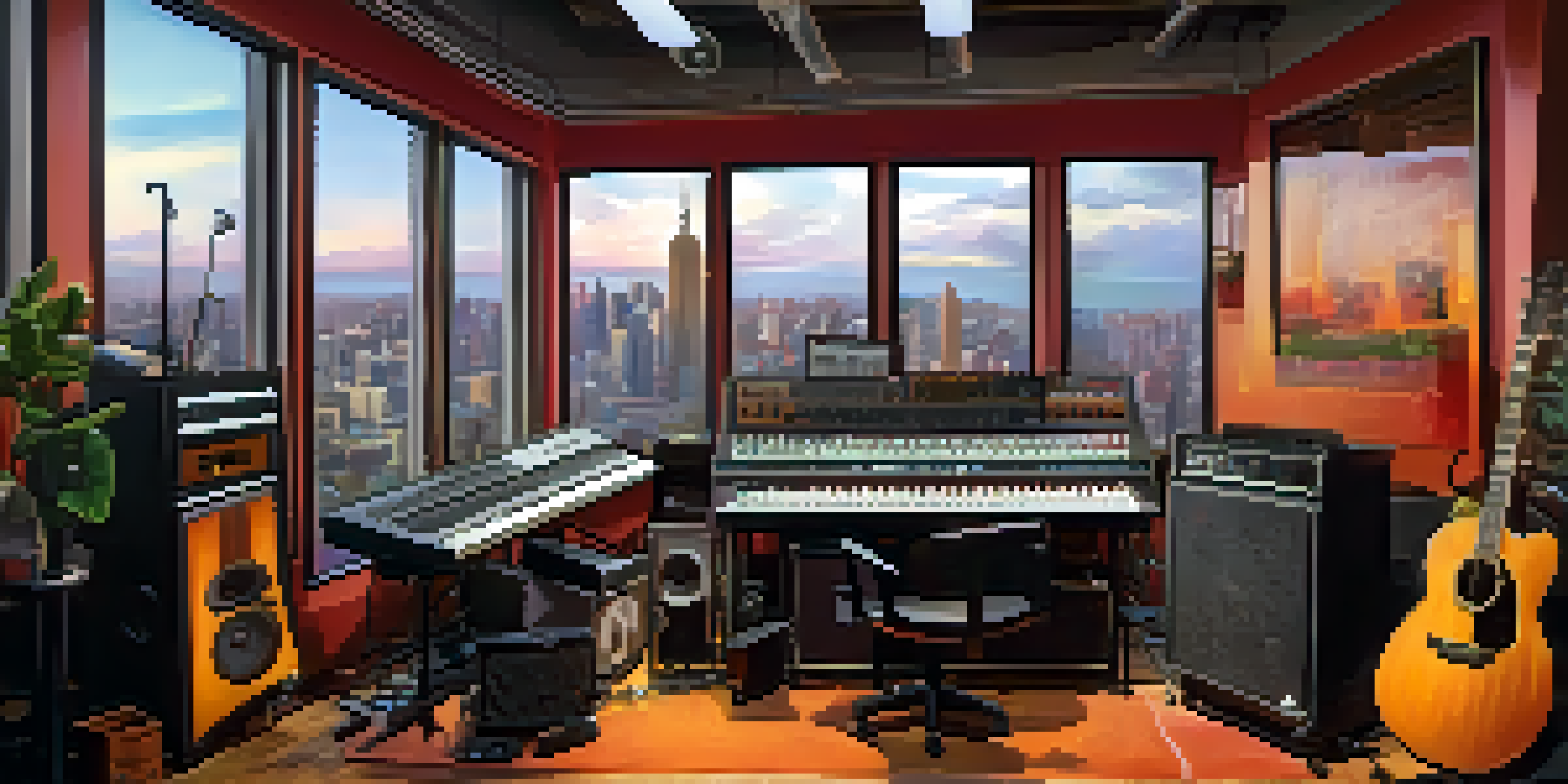A colorful music studio where an artist collaborates with a producer, surrounded by instruments and equipment.