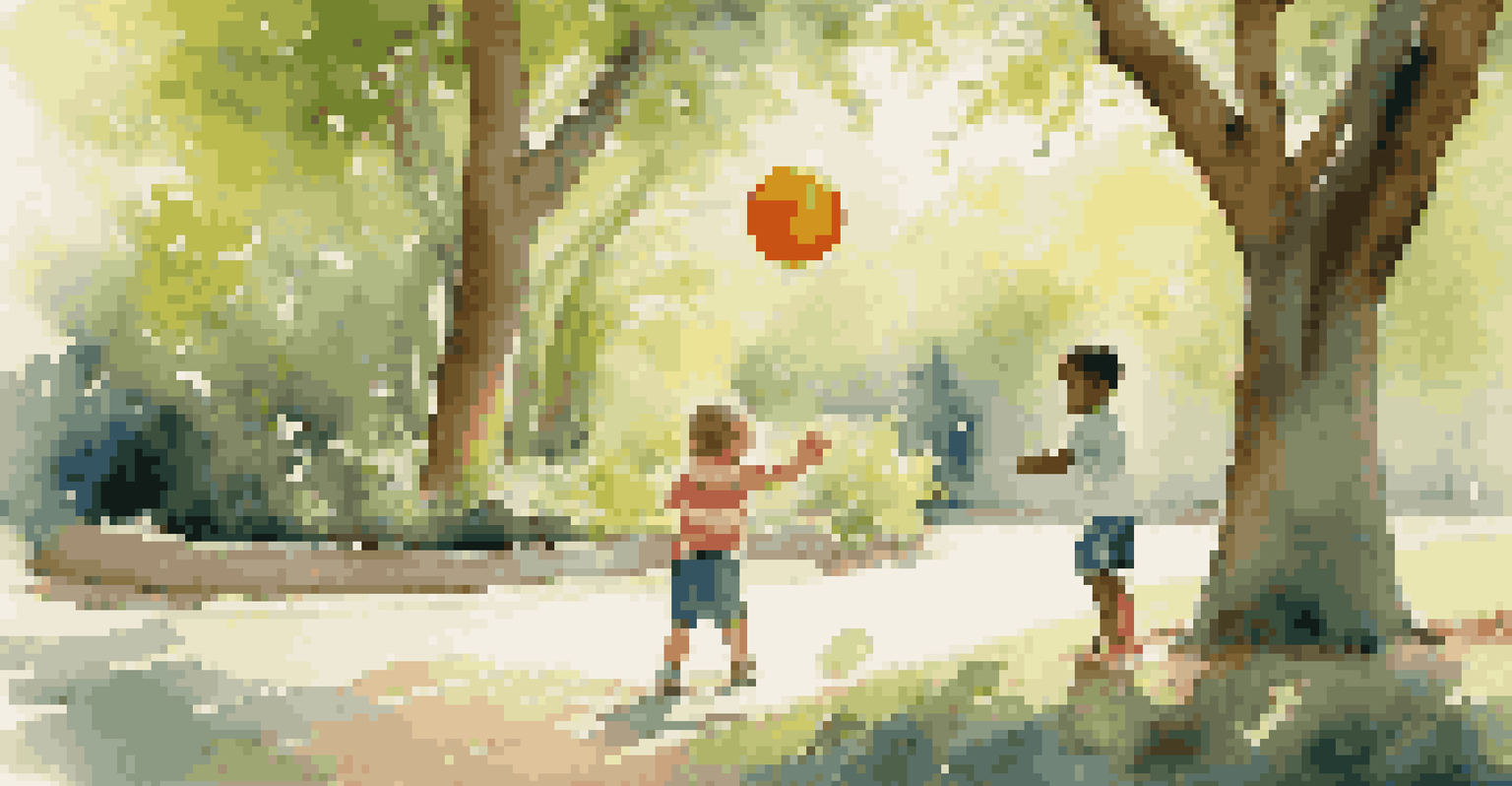 A parent teaching a toddler to throw a ball in a sunny park, showcasing a moment of playful learning.