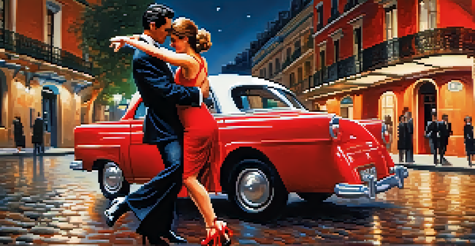 A couple dancing the tango in a charming Buenos Aires street, with soft street lights and vintage architecture around them.