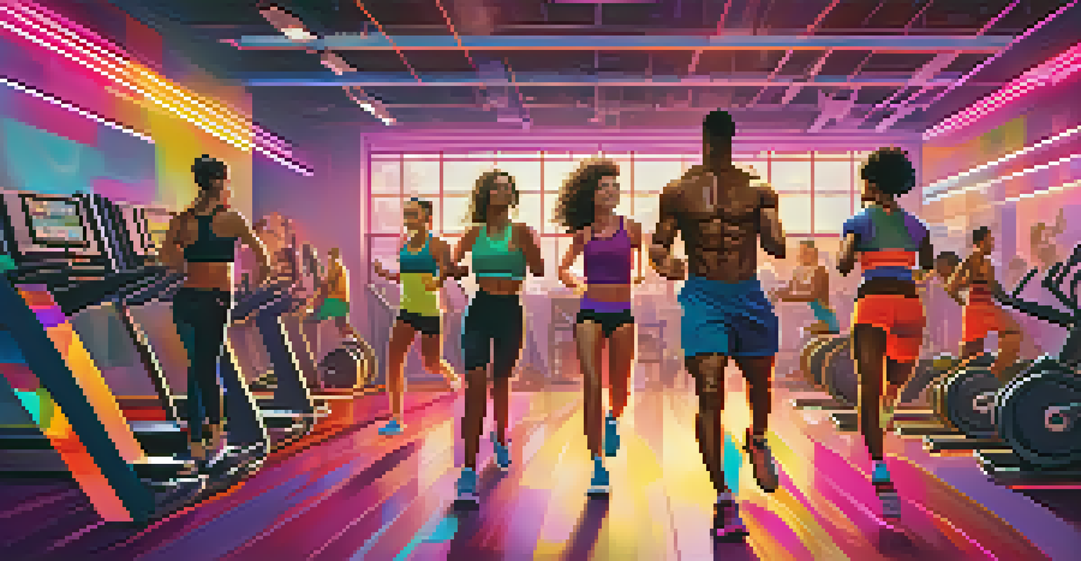 A diverse group of individuals exercising in a vibrant gym, energized by rock music, emphasizing movement and motivation.