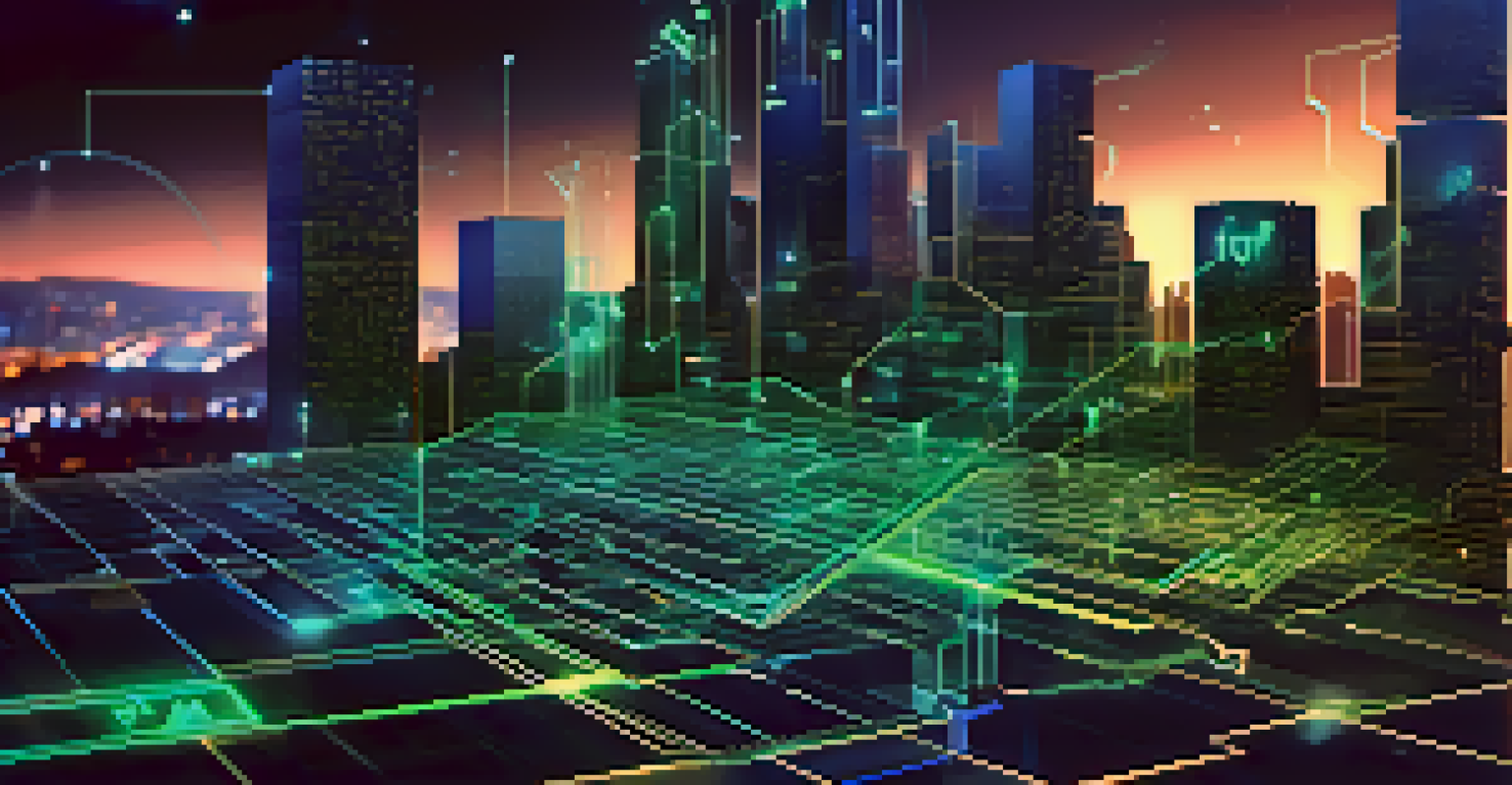 A visual depiction of a blockchain ledger with interconnected blocks and a digital cityscape in the background.