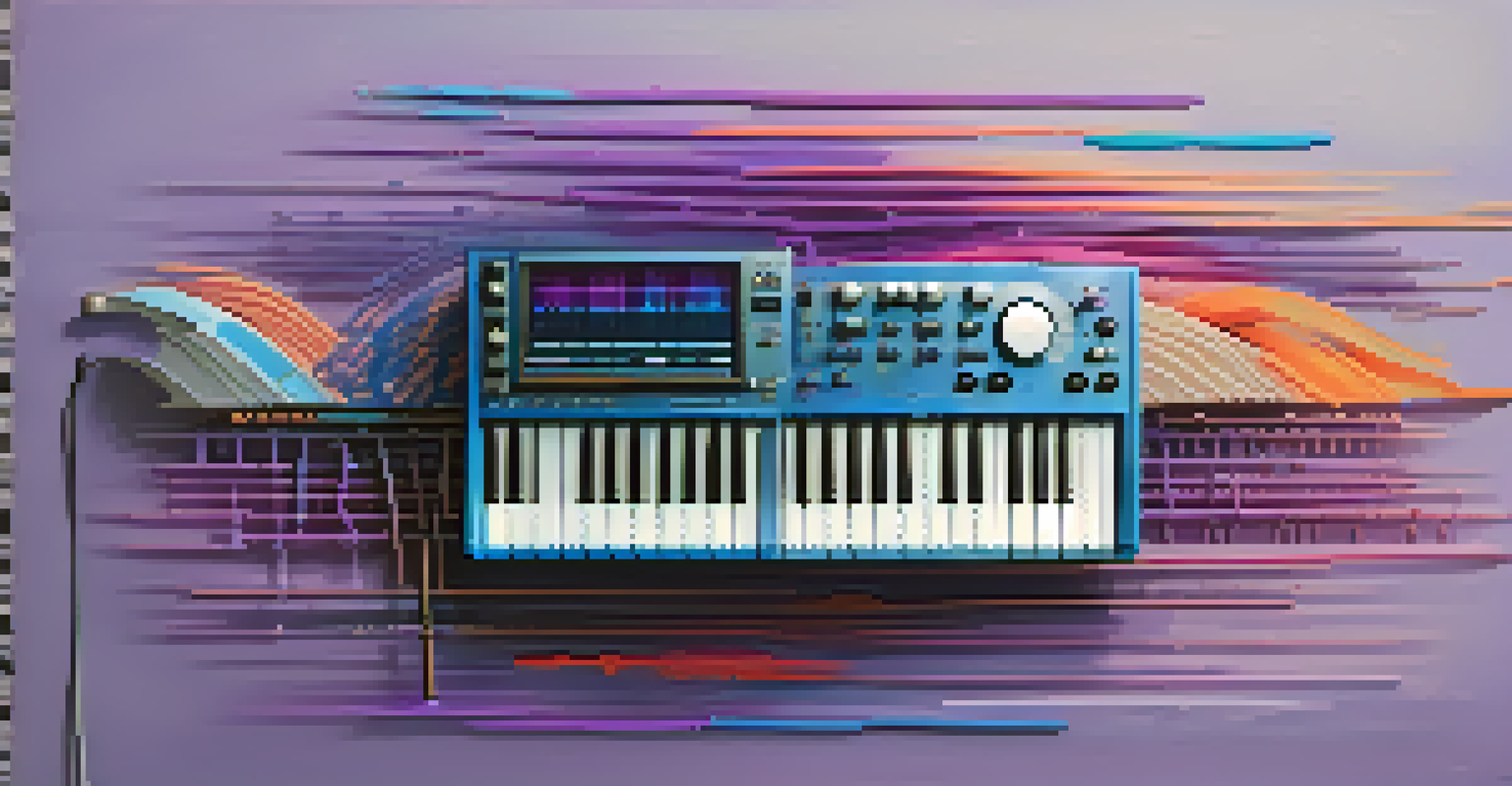 A creative depiction of layered sound waves in music production, with colorful shapes and a gradient background.